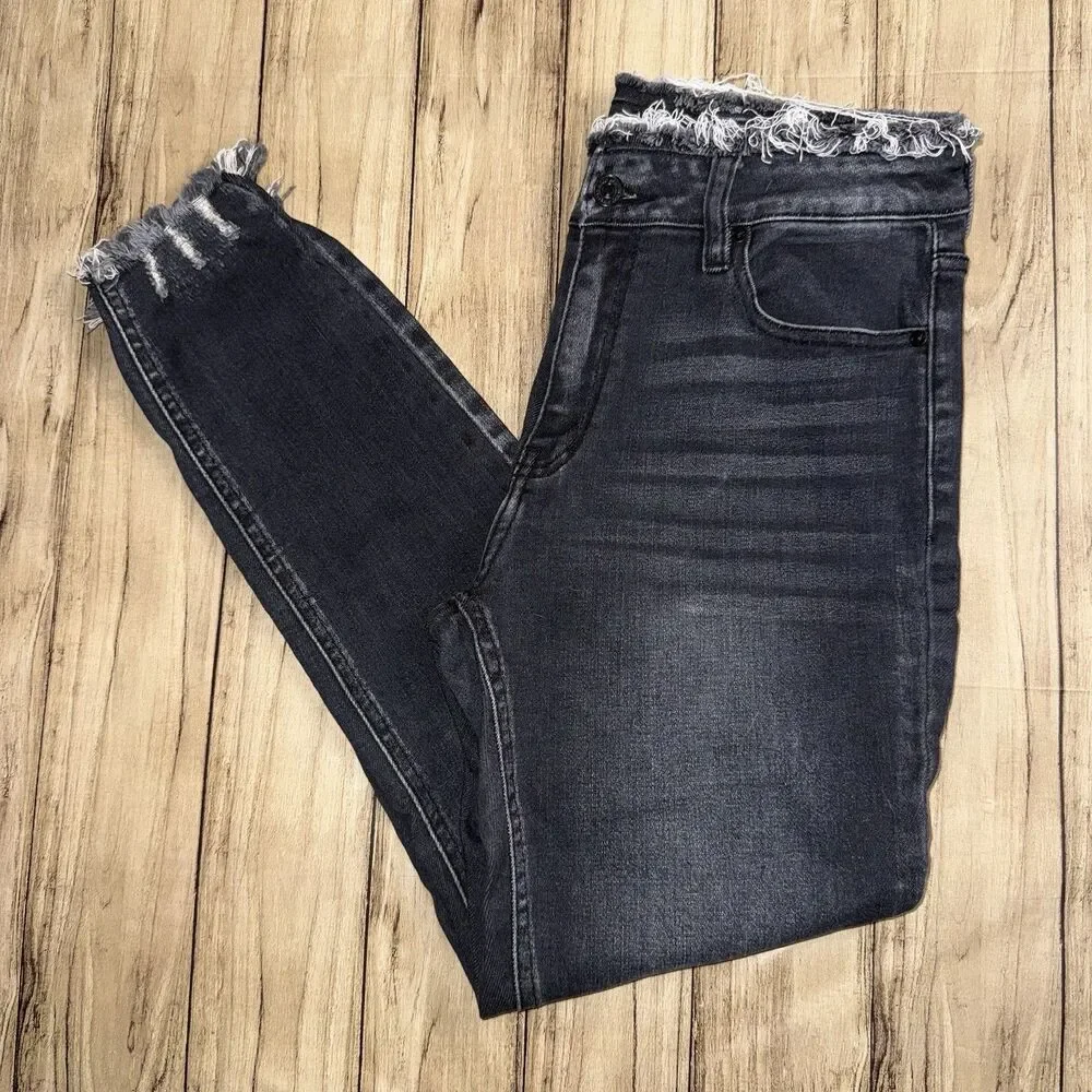 KanCan Maurices Skinny High Rise Black Jeans Raw Waist Hems Women's 28